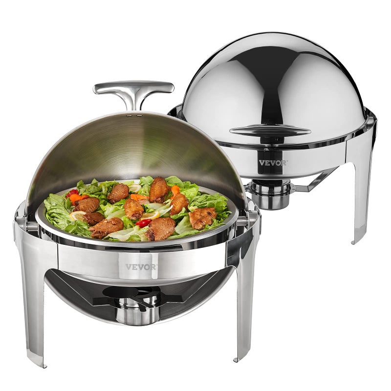 VEVOR VEVOR Roll Top Chafing Dish Buffet Set 6 Qt 2 Pack Stainless Steel Chafer with 2 Full Size Pans Round Catering Warmer Server with Lid Water Pan Stand Fuel Holder for at Least 5 People Each 