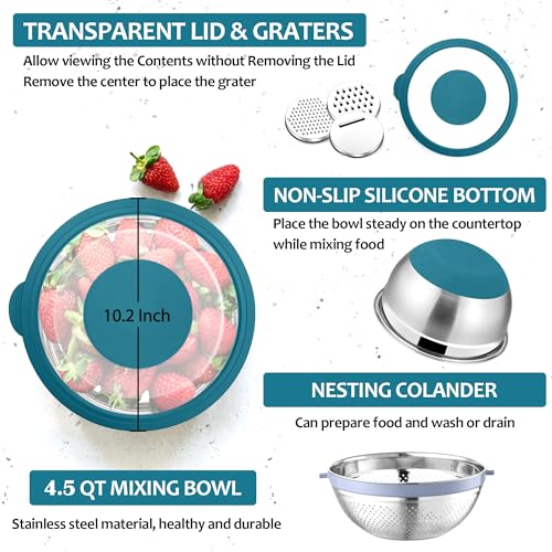 E-far Efar Colander with Mixing Bowl Set 41 Stainless Steel Colander Strainers Bowl with Graters for Kitchen Rotatable Food Strainer Bowl for Rinsing Fruits VegetablesDraining Pasta Blue - Image 3