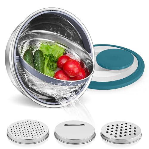 E-far Efar Colander with Mixing Bowl Set 41 Stainless Steel Colander Strainers Bowl with Graters for Kitchen Rotatable Food Strainer Bowl for Rinsing Fruits VegetablesDraining Pasta Blue - Image 1