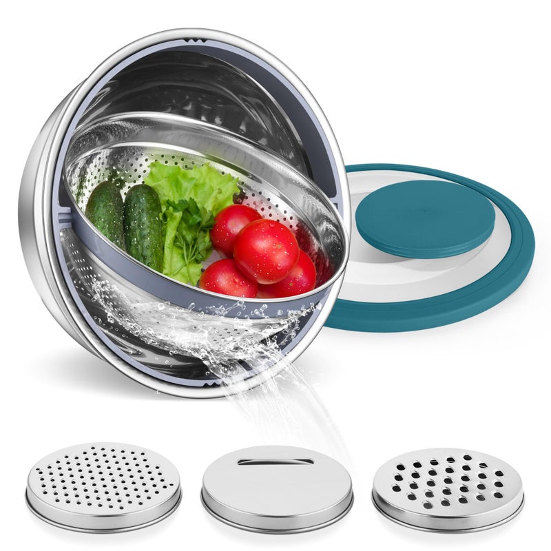 E-far Efar Colander with Mixing Bowl Set 41 Stainless Steel Colander Strainers Bowl with Graters for Kitchen Rotatable Food Strainer Bowl for Rinsing Fruits VegetablesDraining Pasta Blue - Image 2