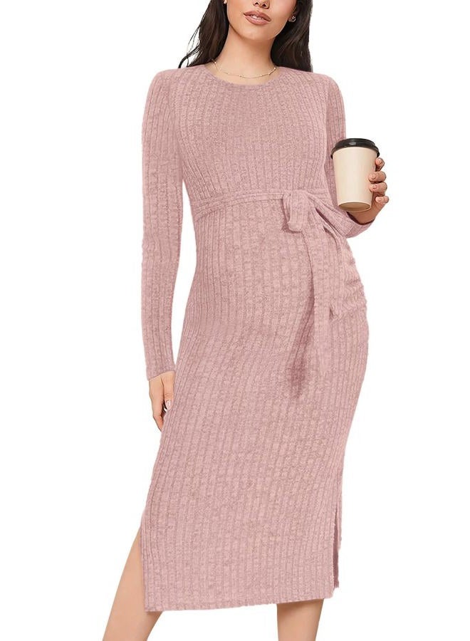 guruixu Crewneck Maternity Dress Rib Knit Long Sleeve Photoshoot Baby Shower Dresses Slit Pregnancy Sweater Clothes with Belt, Blush Pink, S - Image 1