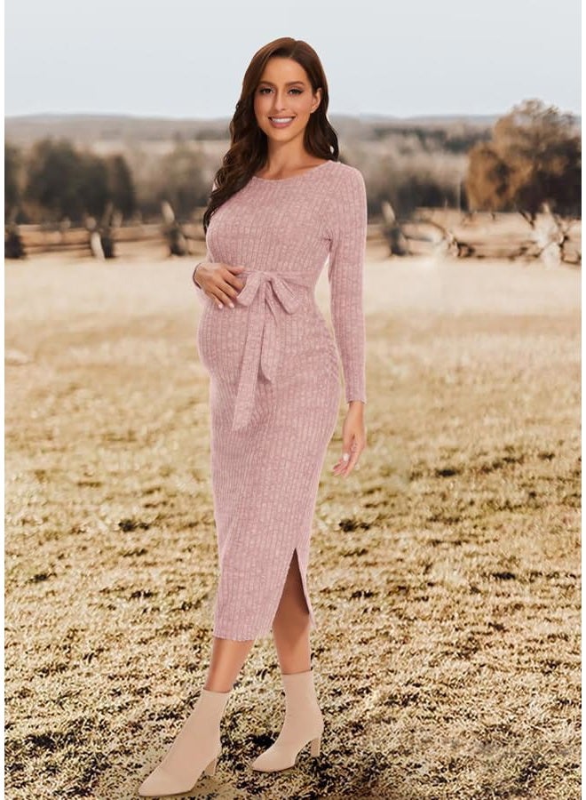 guruixu Crewneck Maternity Dress Rib Knit Long Sleeve Photoshoot Baby Shower Dresses Slit Pregnancy Sweater Clothes with Belt, Blush Pink, S - Image 3