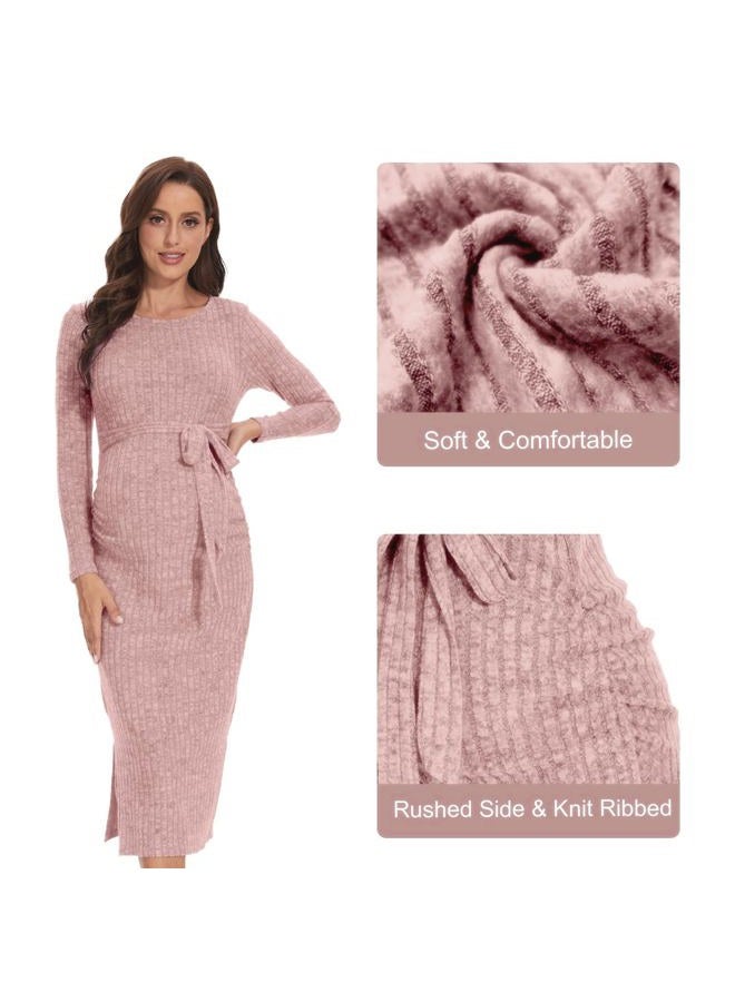 guruixu Crewneck Maternity Dress Rib Knit Long Sleeve Photoshoot Baby Shower Dresses Slit Pregnancy Sweater Clothes with Belt, Blush Pink, S - Image 4