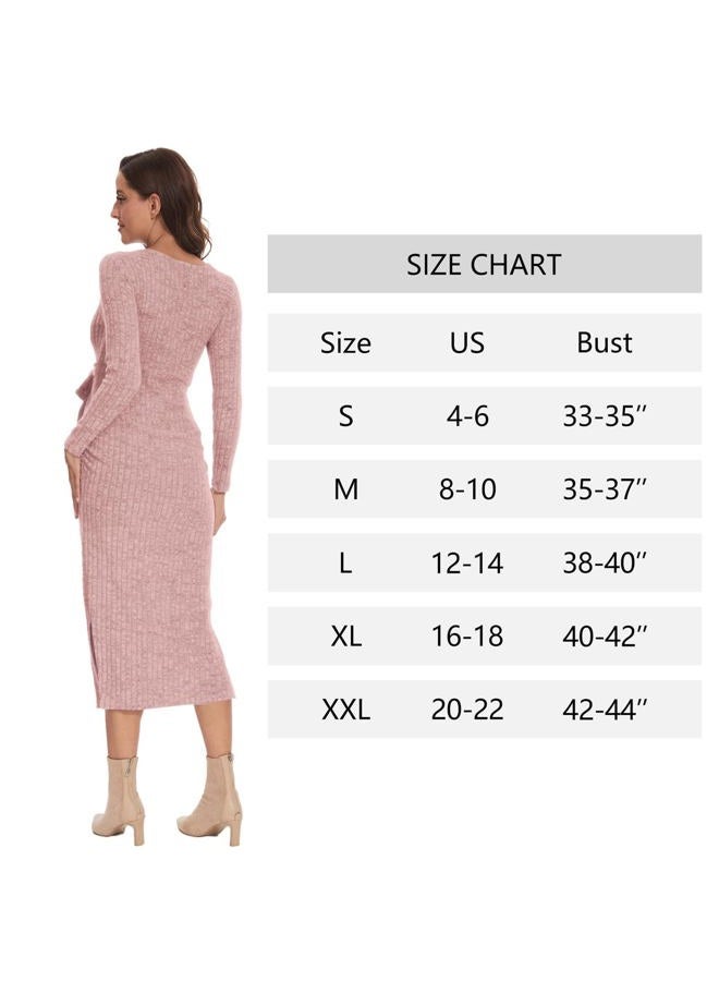 guruixu Crewneck Maternity Dress Rib Knit Long Sleeve Photoshoot Baby Shower Dresses Slit Pregnancy Sweater Clothes with Belt, Blush Pink, S - Image 5