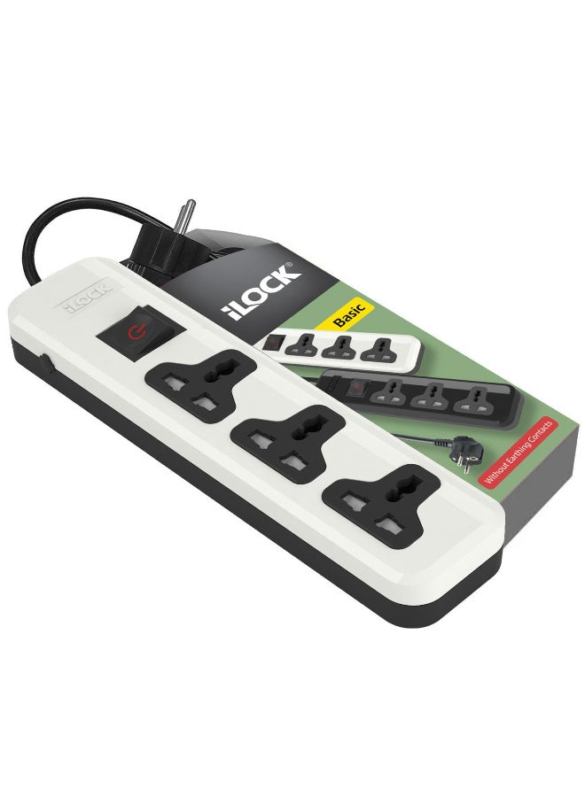 iLOCK 2-meter power strip with 3 power outlets, grounding, and on/off switch; supports up to 2860 watts.