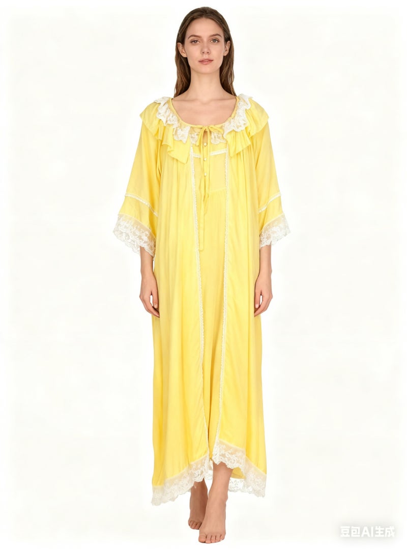 Orchid 2-Piece Set Women Sweet Nightdress Lace Pajamas Ladies Long Sleeve Robe Loungewear Loose Nightgown  Female Home Wear - Image 1