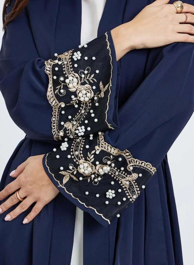 Amirah  Women Navy Blue Embellished Sleeve Cuffed Abaya for Women | Best Price UAE