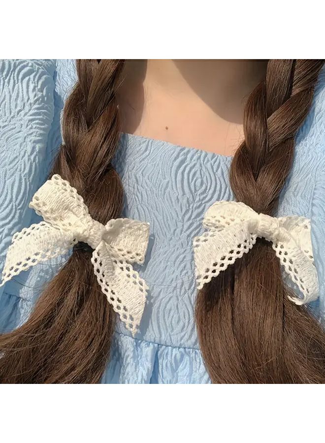 2Pcs Set Blue Lace Bow Elastic Hair Bands For Women Ponytail Bun Holders - Image 2