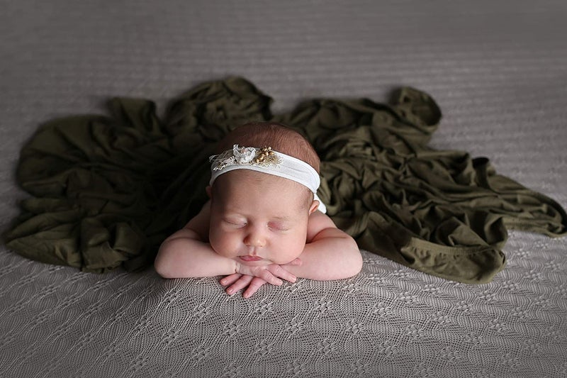 iEvolve Cotton Knitted Baby Swaddle Blanket with Hat Headband Set Newborn Swaddle Wrap Receiving Blankets for Baby Girl Boy 35" x 35"(White) - Image 3