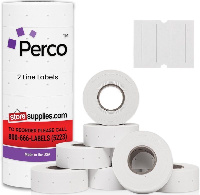 Perco 2 Line White Labels - 8 Rolls, 1 Sleeve, 6,000 Blank Price and Date Gun Labels for 2 Line Price and Date Guns - Made in USA - Image 1