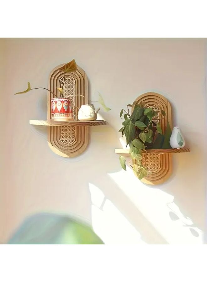 2 قطعة من أرفف الجذع الخشبي ذات الطراز البوهيمي، أرفف جدارية عائمة خشبية من الخيزران ذات طابع ريفي وعتيق - Image 1