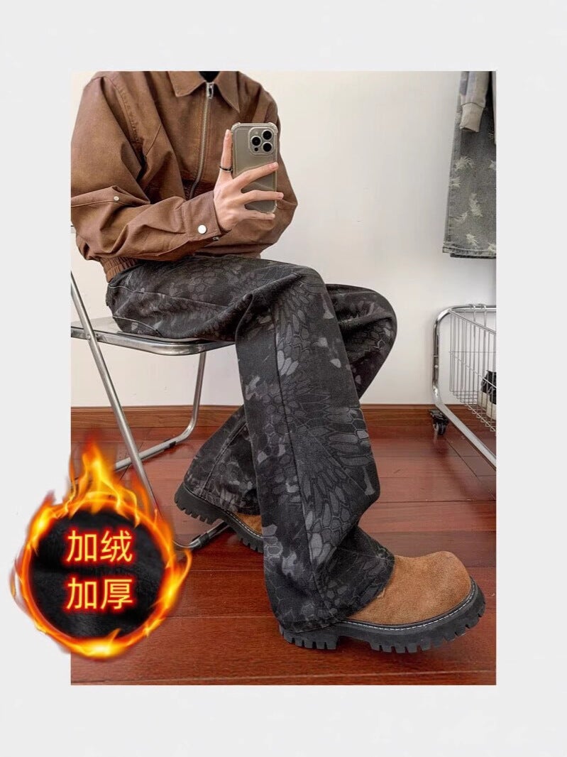 American High Street Retro Camouflage Snake Print Jeans Men's Winter Handsome Scimitar Pants Straight Slim Fit Bootcut Pants