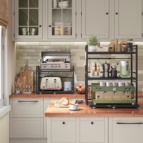 NETEL Expandable Microwave Stand,3 Tier Metal Kitchen Countertop Organizer Shelves with 8 Hooks,Bakers Rack,Pull-Out Microwave Shelf,110lbs Weight Capacity,Black - Image 2