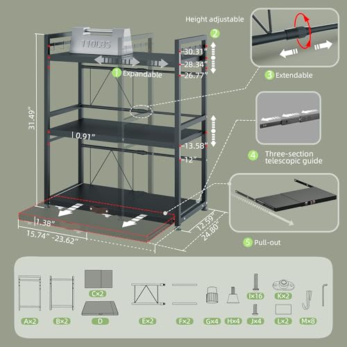 NETEL Expandable Microwave Stand,3 Tier Metal Kitchen Countertop Organizer Shelves with 8 Hooks,Bakers Rack,Pull-Out Microwave Shelf,110lbs Weight Capacity,Black - Image 3