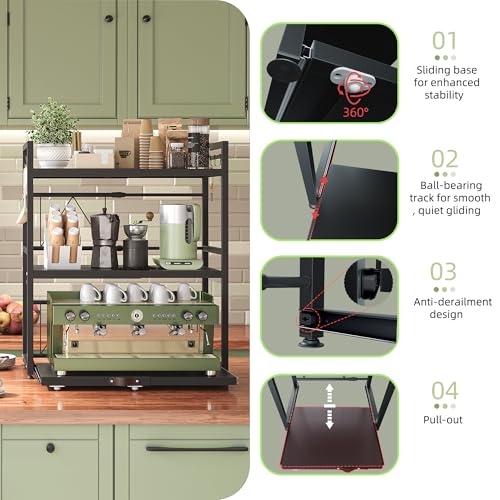 NETEL Expandable Microwave Stand,3 Tier Metal Kitchen Countertop Organizer Shelves with 8 Hooks,Bakers Rack,Pull-Out Microwave Shelf,110lbs Weight Capacity,Black - Image 4