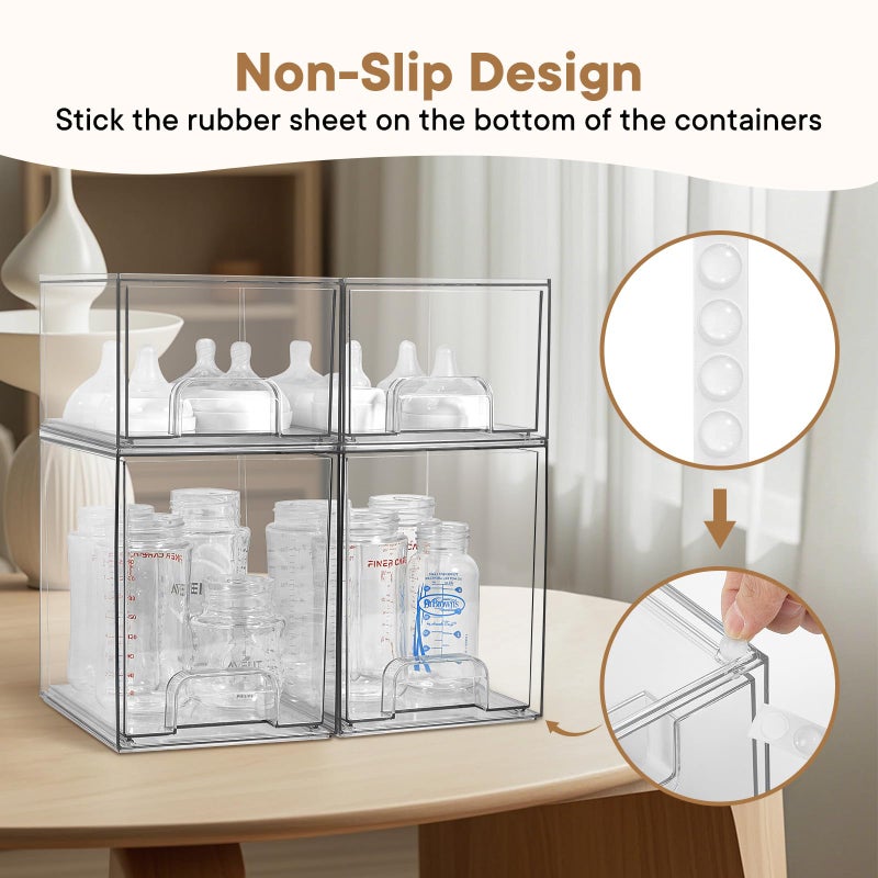 MINMUNJIU Baby Bottle Organizer, 4 Pack Clear Space-Saving Stackable Drawer with Handle, Baby Bottle Storage Organizer for Countertop and Cabinet - Image 3