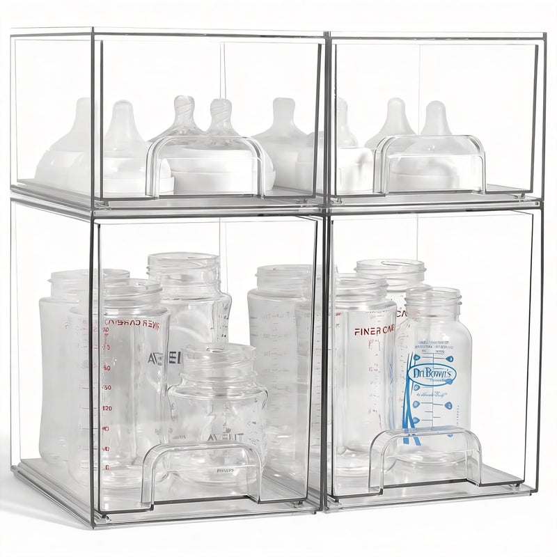 MINMUNJIU Baby Bottle Organizer, 4 Pack Clear Space-Saving Stackable Drawer with Handle, Baby Bottle Storage Organizer for Countertop and Cabinet - Image 1