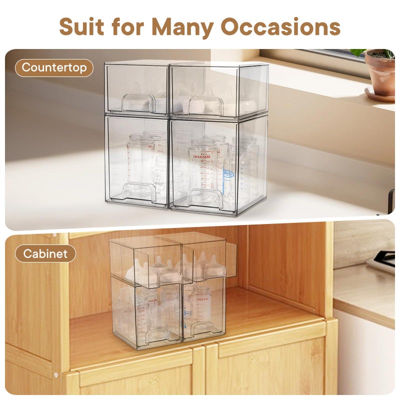 MINMUNJIU Baby Bottle Organizer, 4 Pack Clear Space-Saving Stackable Drawer with Handle, Baby Bottle Storage Organizer for Countertop and Cabinet - Image 4