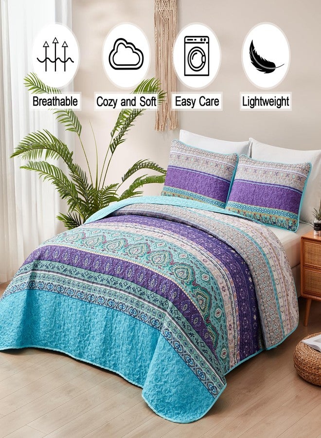 Xruibed طقم لحاف Xruibed Bohemian مقاس كينج، غطاء لحاف بوهيمي بنفسجي/أزرق مخضر، 3 قطع، غطاء سرير ناعم وخفيف الوزن من الألياف الدقيقة مع 2 غطاء وسادة لجميع الفصول (مقاس كينج 90 بوصة × 104 بوصة). - Image 2