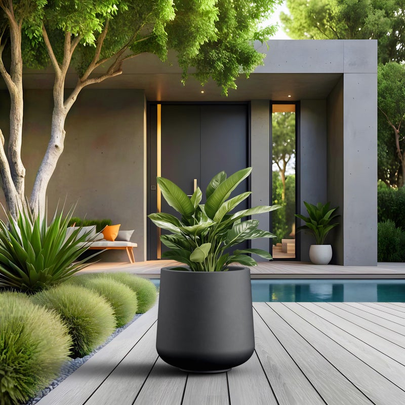 Kante Round Concrete Planter, 13 Inch Dia Barrel-Style Garden Pot with Drainage, Black Finish with Painted Interior, Ideal for Home, Patio and Garden (10.2" Opening) - Image 5