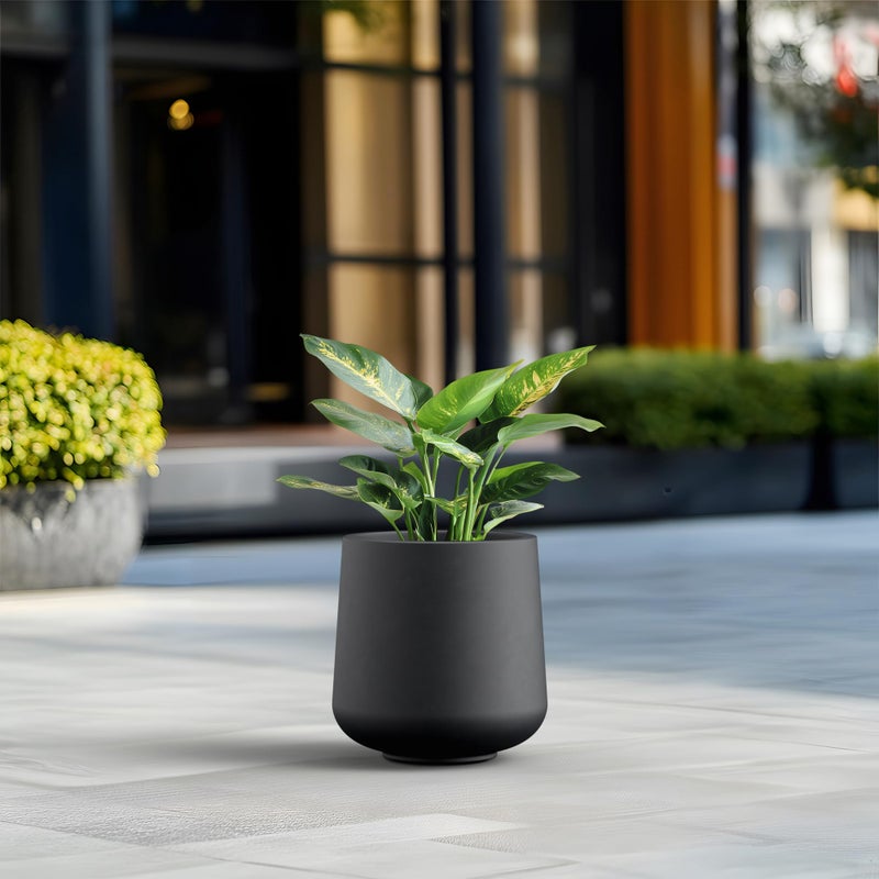 Kante Round Concrete Planter, 13 Inch Dia Barrel-Style Garden Pot with Drainage, Black Finish with Painted Interior, Ideal for Home, Patio and Garden (10.2" Opening) - Image 4