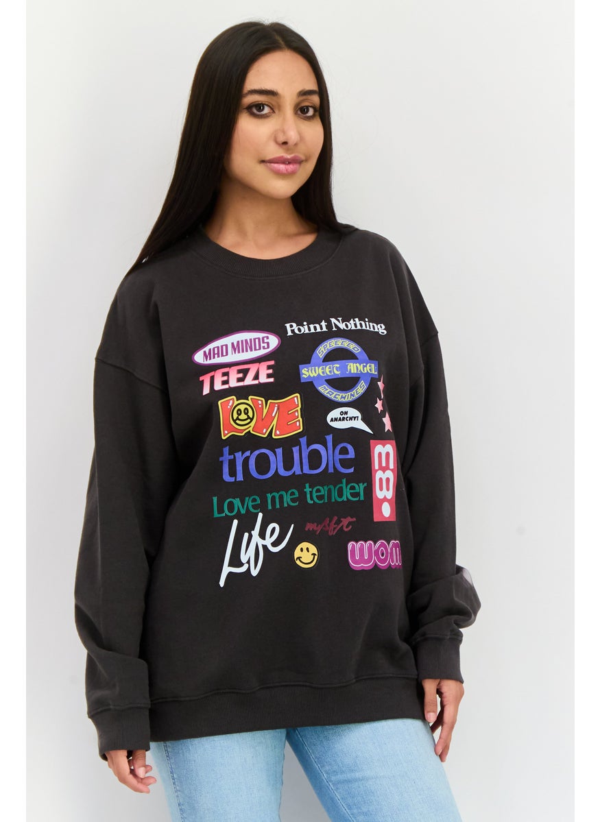 Misfit Women Crew Neck Long Sleeve Graphic Print Sweatshirts, Wash Black  - Image 1