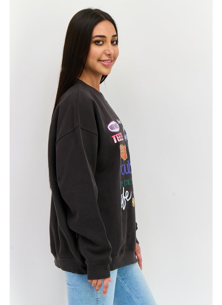 Misfit Women Crew Neck Long Sleeve Graphic Print Sweatshirts, Wash Black  - Image 2