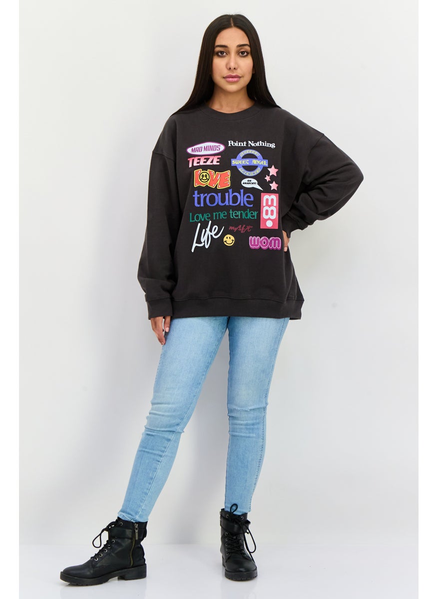 Misfit Women Crew Neck Long Sleeve Graphic Print Sweatshirts, Wash Black  - Image 4