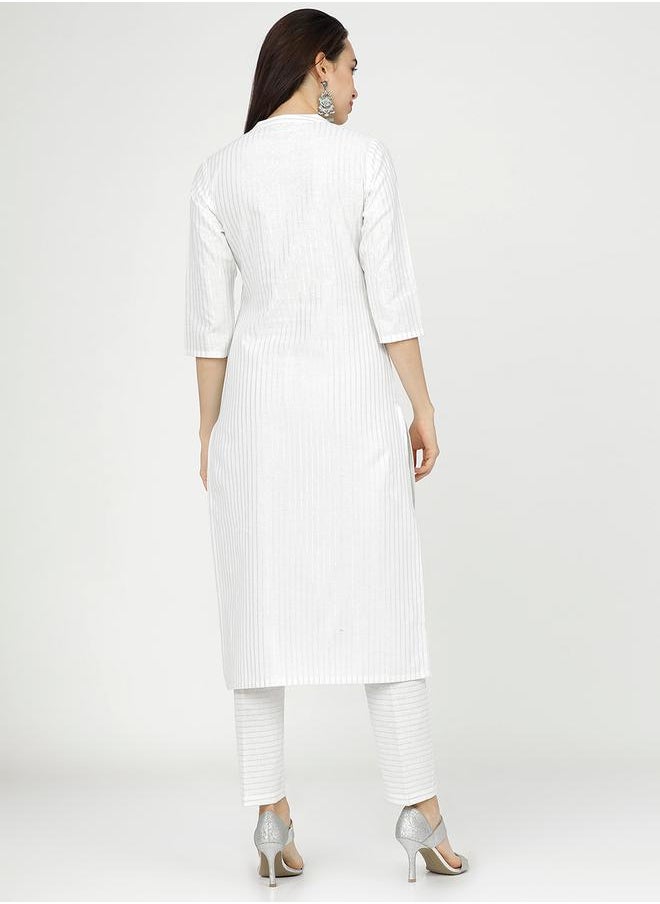 Vishudh Women White Striped Cotton Kurta with Trousers by Styli  - Image 5