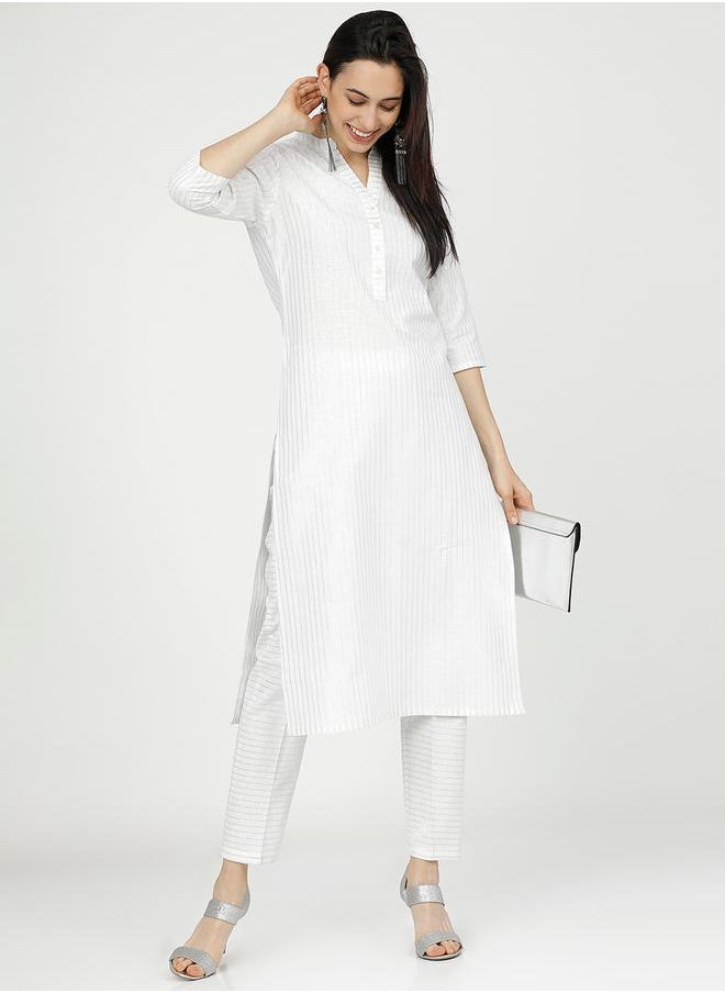 Vishudh Women White Striped Cotton Kurta with Trousers by Styli  - Image 1