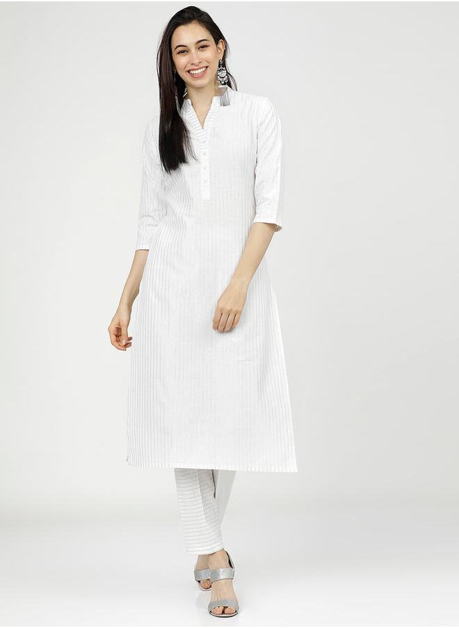 Vishudh Women White Striped Cotton Kurta with Trousers by Styli  - Image 2