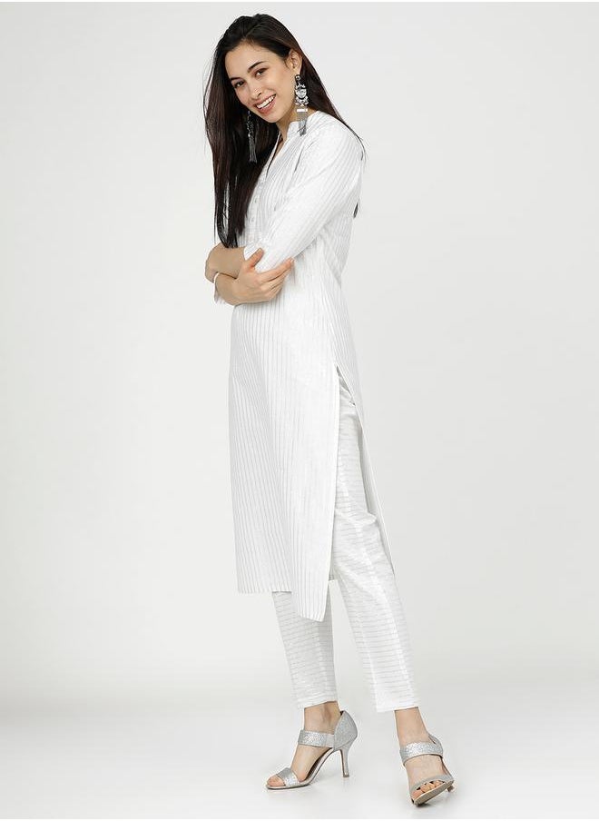 Vishudh Women White Striped Cotton Kurta with Trousers by Styli  - Image 3