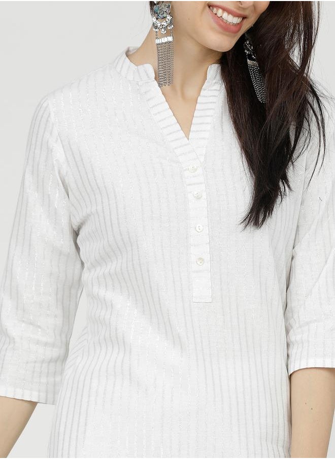 Vishudh Women White Striped Cotton Kurta with Trousers by Styli  - Image 4