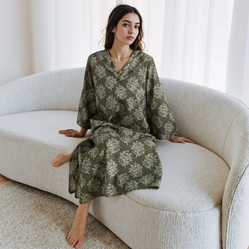 FAV Floral Print Kaftan Night Dress with V-neck
