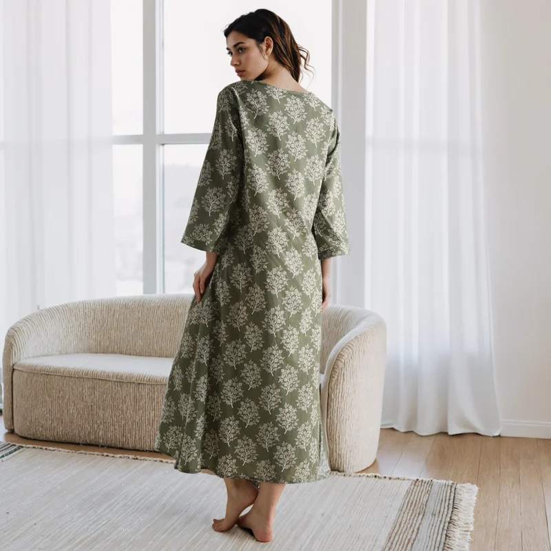 FAV Floral Print Kaftan Night Dress with V-neck