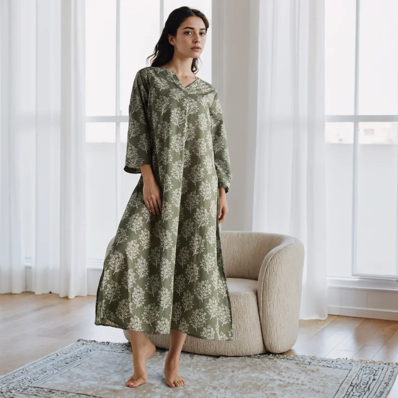 FAV Floral Print Kaftan Night Dress with V-neck