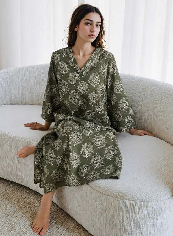 Splash FAV Floral Print Kaftan Cotton Night Dress with V-neck