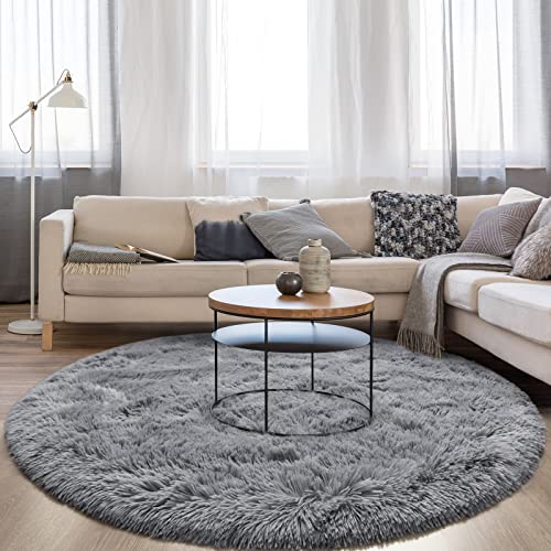 FlyDOIT Grey Round Rug for Bedroom, Super Fluffy Circle Rugs for Baby Nursery, 5'X5' Feet Furry Carpet for Children Kids Room, Cute Soft Shaggy Rug for Girls Home Decor, Fuzzy Plush Carpets for Dorm - Image 1