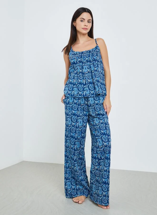 Styli Paisley Pleated Cotton Cami and Wide Leg Pyjama Set