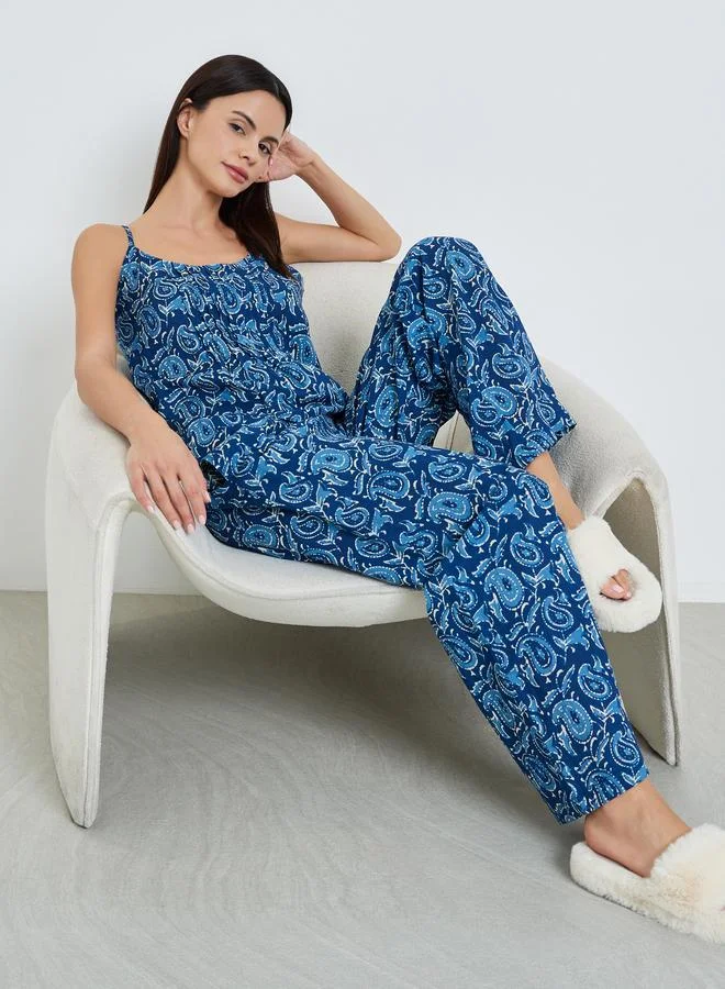 Paisley Pleated Cotton Cami and Wide Leg Pyjama Set