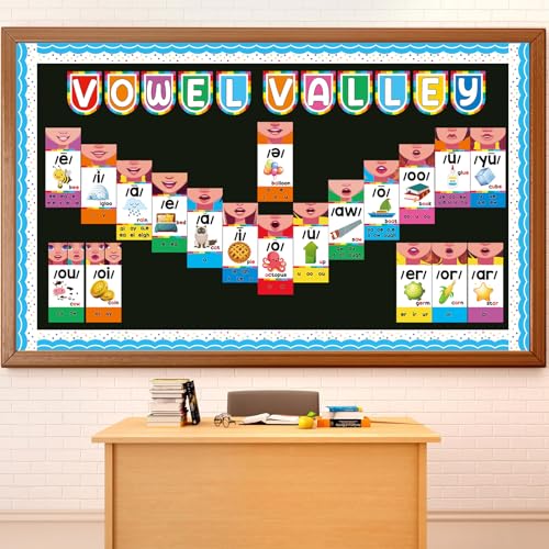 Justforjoyful Vowel Valley Bulletin Board Set Back to School Classroom Decorations Sound Wall Phonics Poster Vowel Learning Cutouts Early Learning Kindergarten Elementary School Classroom Chalkboard Wall Door Decor - Image 1
