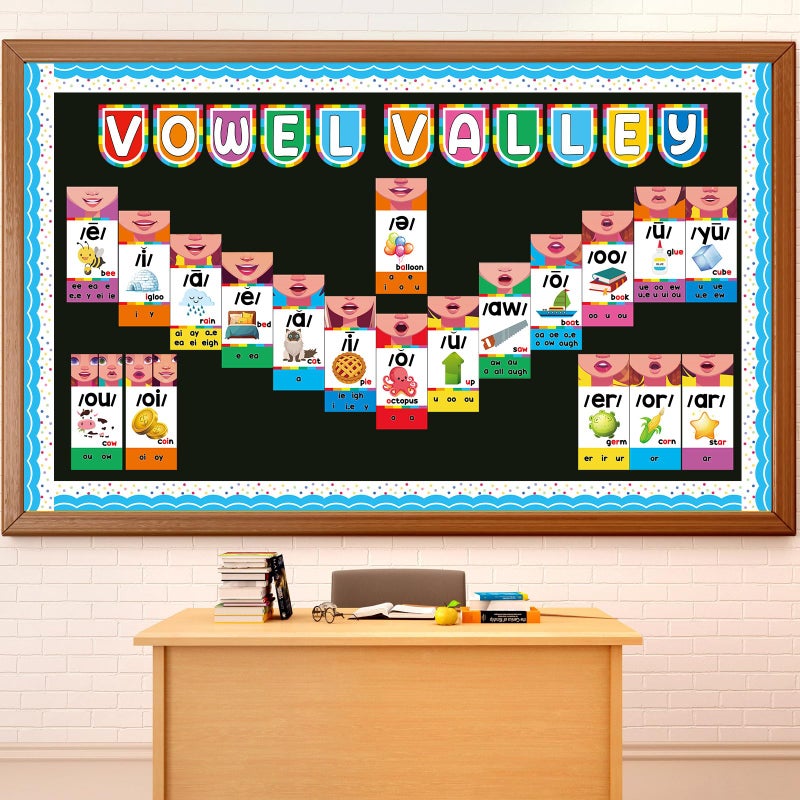 Justforjoyful Vowel Valley Bulletin Board Set Back to School Classroom Decorations Sound Wall Phonics Poster Vowel Learning Cutouts Early Learning Kindergarten Elementary School Classroom Chalkboard Wall Door Decor - Image 2