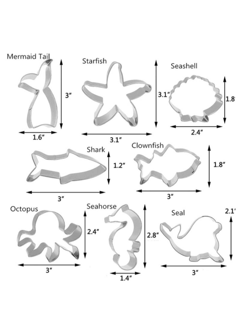 FAYET 8-Piece Sea Animal Cookie Cutter Set, Food-Grade Stainless Steel Ocean Shapes for Cookies, Fondant, Crafts (Mermaid Tail, Starfish, Seashell, Shark, Fish, Octopus, Seahorse, Whale) - Image 2