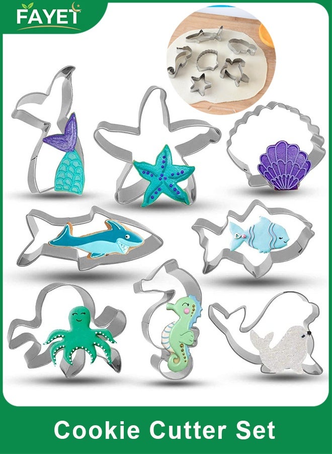 FAYET 8-Piece Sea Animal Cookie Cutter Set, Food-Grade Stainless Steel Ocean Shapes for Cookies, Fondant, Crafts (Mermaid Tail, Starfish, Seashell, Shark, Fish, Octopus, Seahorse, Whale) - Image 1