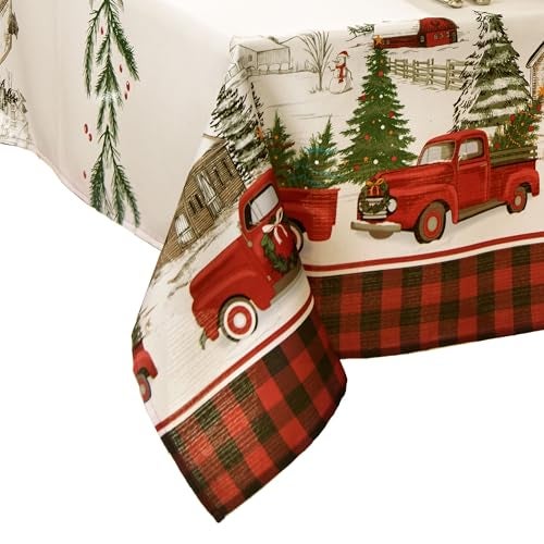 Elrene Home Fashions Vintage Truck Christmas Tree Farm Polyester Tablecloth 60X84 Rectangle - Image 1