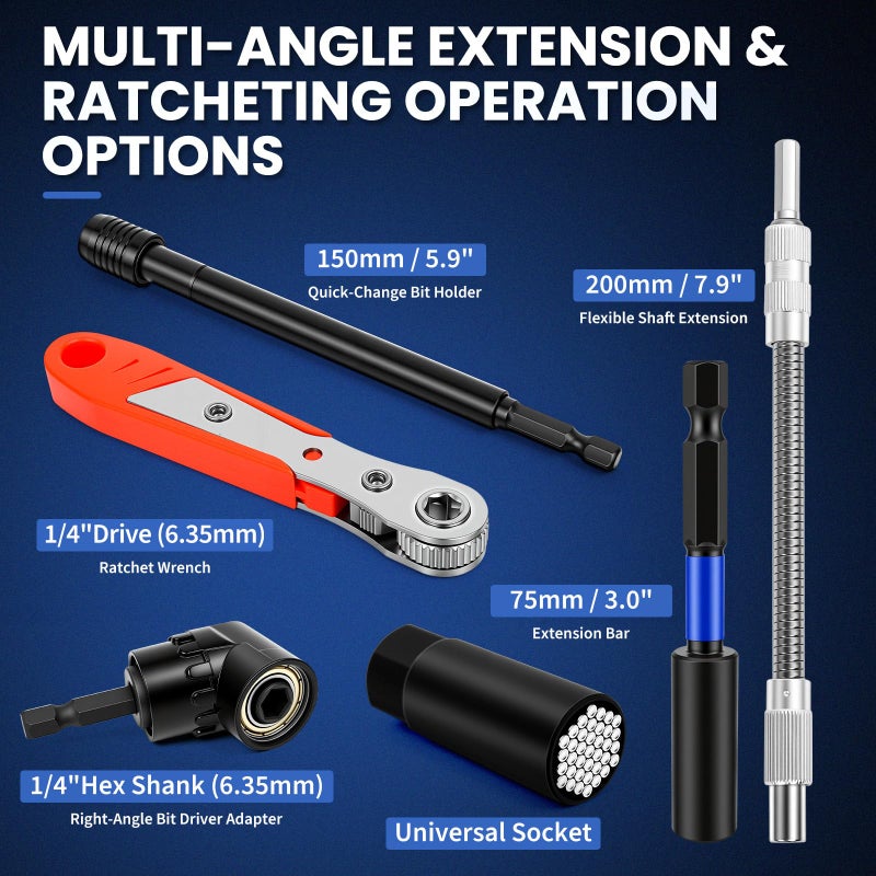 DikTalk 86-Piece Magnetic Impact Nut Driver Set&Bit Set, SAE&Metric, Nut Drivers(32pcs), S2 Steel Bits(45pcs), Ratchet Wrench,Ball-Head Adapters,Quick-Release Bars,Universal Socket,Flexible Shaft,Angle Driver - Image 4