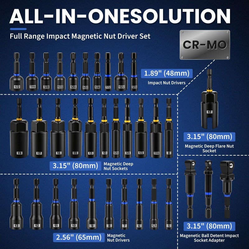 DikTalk 86-Piece Magnetic Impact Nut Driver Set&Bit Set, SAE&Metric, Nut Drivers(32pcs), S2 Steel Bits(45pcs), Ratchet Wrench,Ball-Head Adapters,Quick-Release Bars,Universal Socket,Flexible Shaft,Angle Driver - Image 2