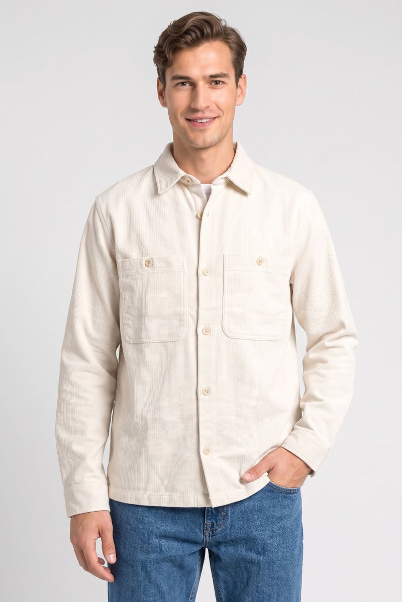 JACK & JONES Men Premium Fit Textured Long Sleeve Casual Shirt, Beige - Image 1