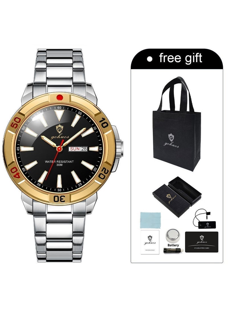 GOHUOS Men's Quartz Watch, Top Brand Luxury Stainless Steel Band Date Week Display Luminous Waterproof Classic Business Wrist Watch - 43mm - Father or Boyfriend Gift - Image 2