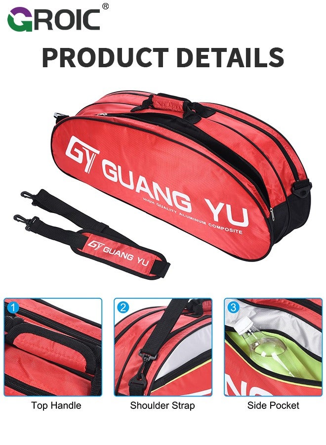 GROIC 6 Racquets Tennis/Badminton Racket Bag,Duffel Backpack Shoulders Bag Handbag Equipment Tote Bag with Shoes Compartment and Detachable Strap,Large-capacity Badminton Racket Bag(Red)  - Image 2